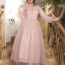 Load image into Gallery viewer, lace prom dresses 2020 high neck long sleeve lace evening dress dusty pink evening gowns formal dresses arabic