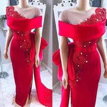 Load image into Gallery viewer, red prom dresses 2020 side slit off the shoulder hand made flowers crystal sheath satin evening dresses formal dresses vestidos
