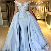 Load image into Gallery viewer, detachable prom dresses 2020 crystal beaded pearls detachable train floor length satin blue evening dresses