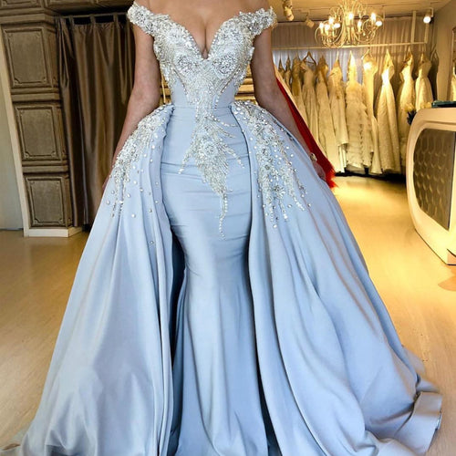 detachable prom dresses 2020 crystal beaded pearls detachable train floor length satin blue evening dresses