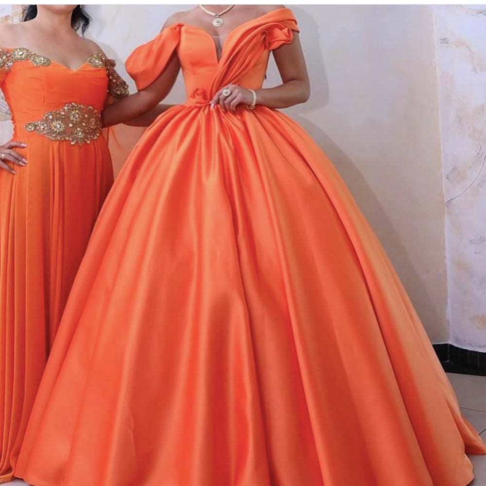 orange prom dresses 2020 off the shoulder pleats satin ball gown evening dresses formal dresses arabic party dresses