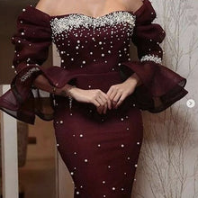 Load image into Gallery viewer, burgundy prom dresses 2020 sweetheart neckline pearls long sleeve sheath mermaid evening dresses wine red party dresses