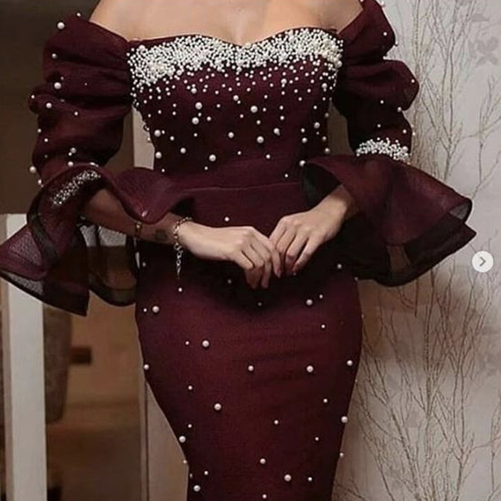 burgundy prom dresses 2020 sweetheart neckline pearls long sleeve sheath mermaid evening dresses wine red party dresses