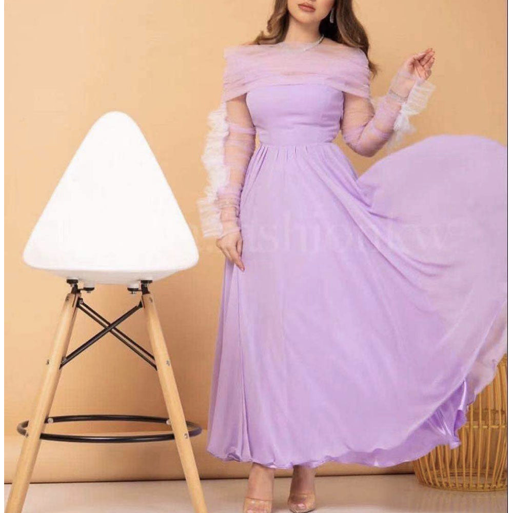 purple prom dresses 2021 off the shoulder long sleeve chiffon a line ankle length long evening dresses gowns
