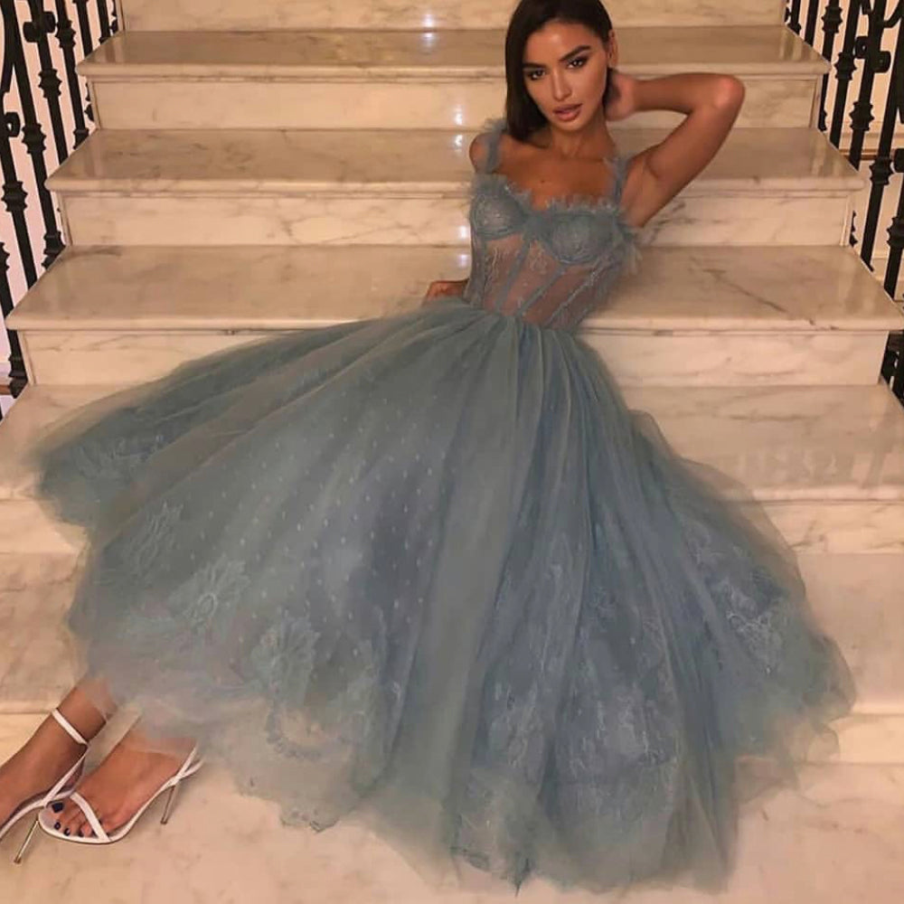 grey prom dresses 2020 sweetheart neckline lace ankle length evening dresses formal dresses tulle evening gowns
