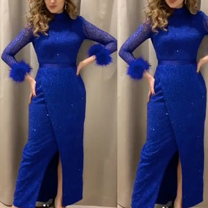 royal blue prom dresses beading sequins front slit feather long sleeve long evening dresses gowns