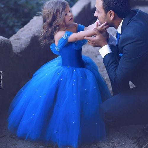flower girls dresses 2020 ball gown off the shoulder pearls bowknot blue evening dresses tulle evening gowns beaded