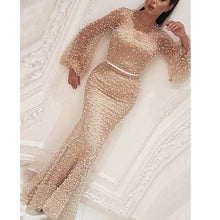 Load image into Gallery viewer, champagne prom dresses 2020 long sleeve mermaid pearls evening dresses beaded formal dresses evening gowns