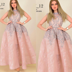 pink prom dresses 2020 crew neckline beading sequins lace evening dresses crystal prom dress