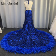Load image into Gallery viewer, real prom dresses royal blue feather lace appliques feathers fur prom dress lace sequins formal evening dress