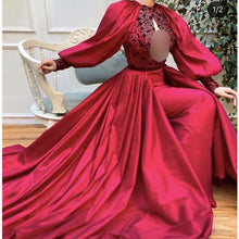 Load image into Gallery viewer, red prom dresses 2020 long sleeve beaded beading satin floor length a line long evening dresses gowns