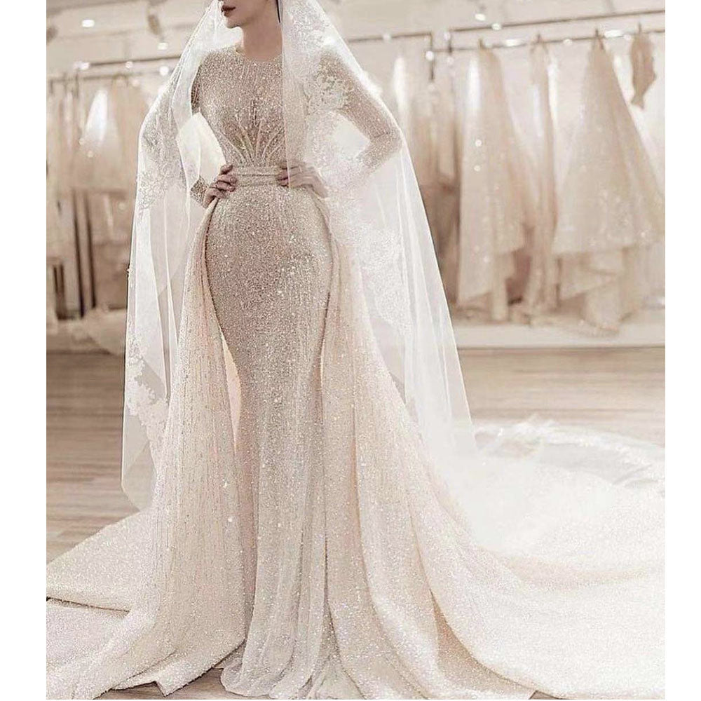 crystal wedding dresses 2021 crew neckline shinning detachable skirt beading sequins mermaid bling bling bridal dresses vestidos de noiva