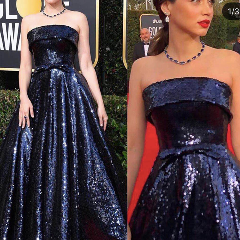navy blue prom dresses 2020 strapless neckline a line sequins evening dresses arabic party dresses