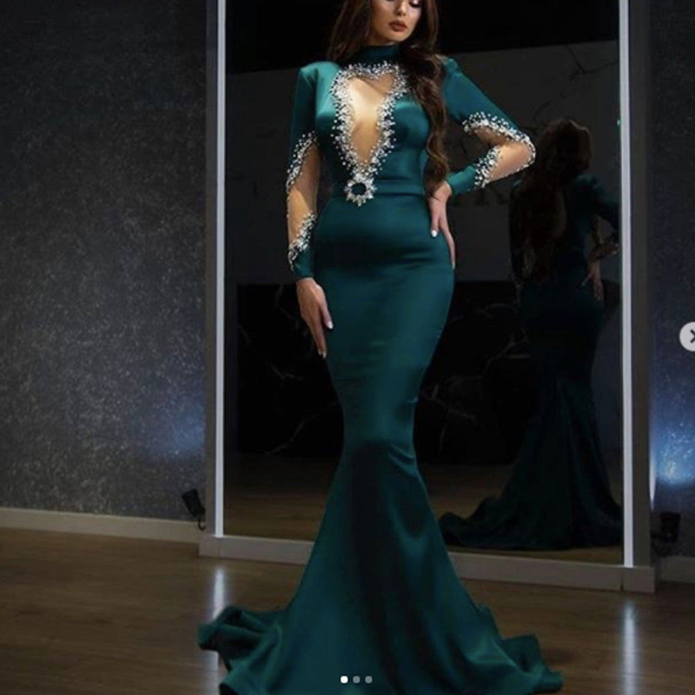 green prom dresses 2021 high neck keyhole crystal mermaid satin long evening gowns dresses