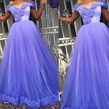 Load image into Gallery viewer, blue prom dresses 2020 off the shoulder tulle ball gown floor length evening dresses arabic
