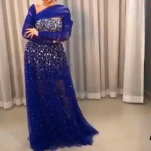 Load image into Gallery viewer, royal blue prom dresses 2020 one shoulder long sleeve pleats a line crystal beaded evening dresses formal dress