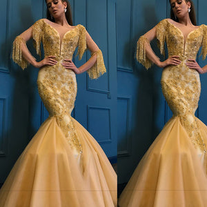 gold prom dresses 2020 long sleeve tassel mermaid champagne beading sequins lace appliques evening dresses gowns