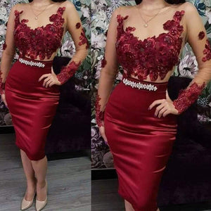 wine red prom dresses 2020 sheath prom dress long sleeve lace appliques crystal beading sequins short evening dresses flowers party dresses