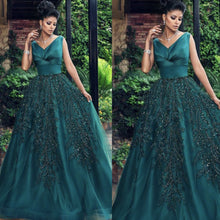 Load image into Gallery viewer, green prom dresses 2020 v neck pleats beading sequins lace appliques a line dark green evening dresses