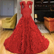 Load image into Gallery viewer, red prom dresses 2020 long sleeve feather sequins sparkly evening dresses shinning evening gowns