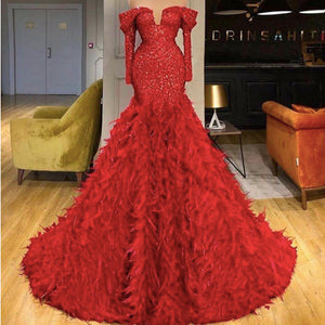 red prom dresses 2020 long sleeve feather sequins sparkly evening dresses shinning evening gowns