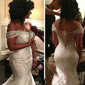 sliver prom dresses 2020 off the shoulder beading sequins mermaid satin evening dresses wedding dresses