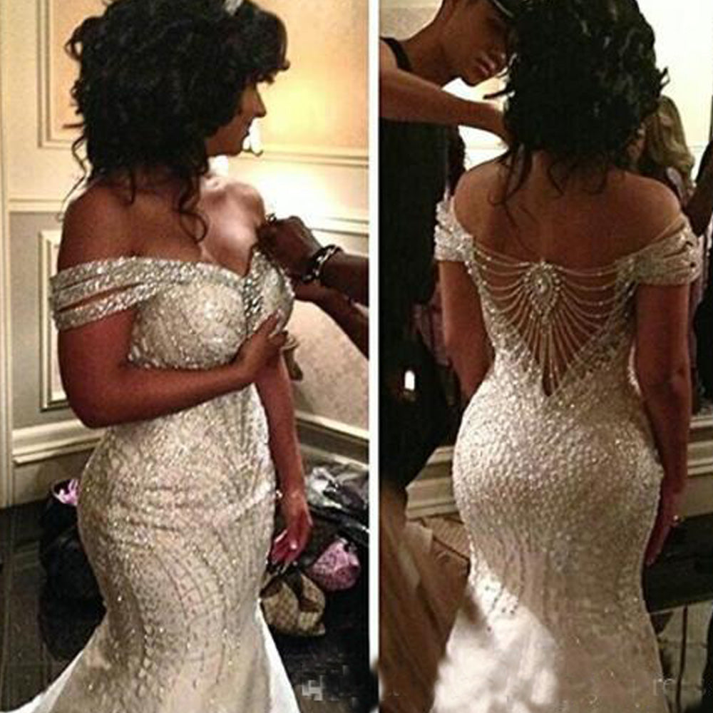 sliver prom dresses 2020 off the shoulder beading sequins mermaid satin evening dresses wedding dresses