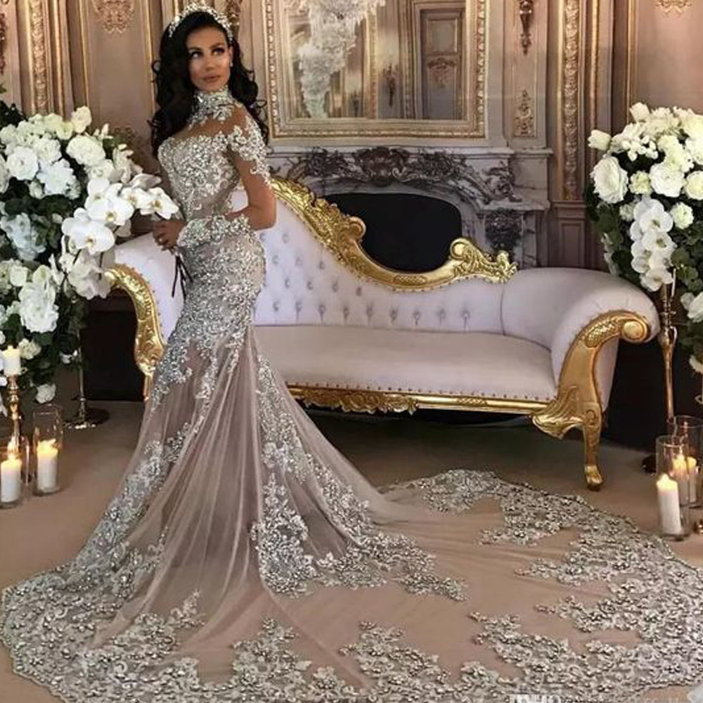sliver prom dresses 2020 high neck long sleeve crystal lace appliques evening dresses formal dresses