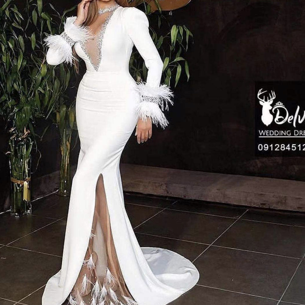 white prom dresses 2021 deep v neck long sleeve beading crystal mermaid long feather evening dresses gowns
