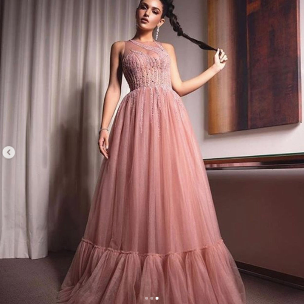 pink prom dresses 2021 crew neckline a line tulle floor length beaded evening dresses gowns