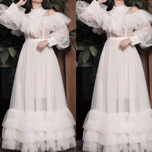 Load image into Gallery viewer, white prom dresses 2020 long sleeve ruffle tiered tulle a line evening dresses high neck evening gowns