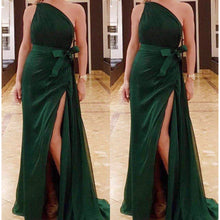 Load image into Gallery viewer, green prom dresses 2020 one shoulder side slit velvet bow sashes evening dresses cheap formal dresses