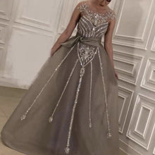 Load image into Gallery viewer, crystal prom dresses 2020 sheer crew neckline beaded beading tulle floor length evening dresses gowns