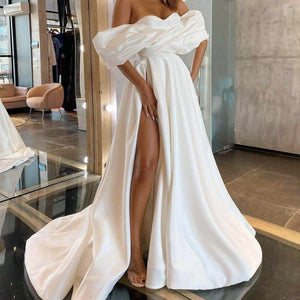 white prom dresses 2021 off the shoulder pleats a line satin side slit a line floor length long evening dresses gowns