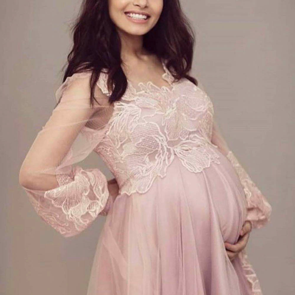 maternity prom dresses 2020 v neck long sleeve tulle lace evening dresses pink party dresses