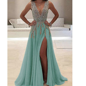 green prom dresses 2020 deep v neck crystal evening dresses side slit chiffon sparkly formal dresses