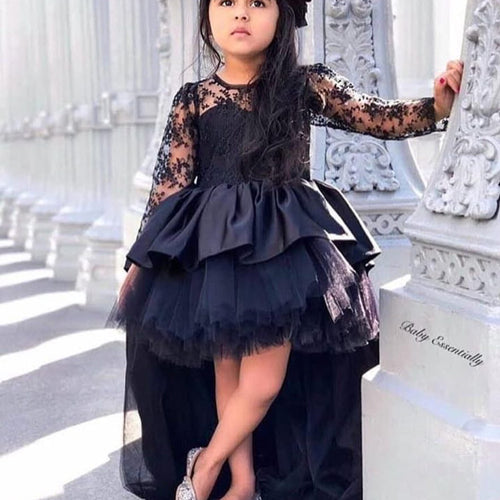 black little flower girls dresses crew neckline lace long sleeve high front and low back lace little girls dresses kids child dresses