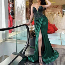 Load image into Gallery viewer, green prom dresses 2021 sweetheart neckline side slit satin mermaid front slit long evening dresses gowns