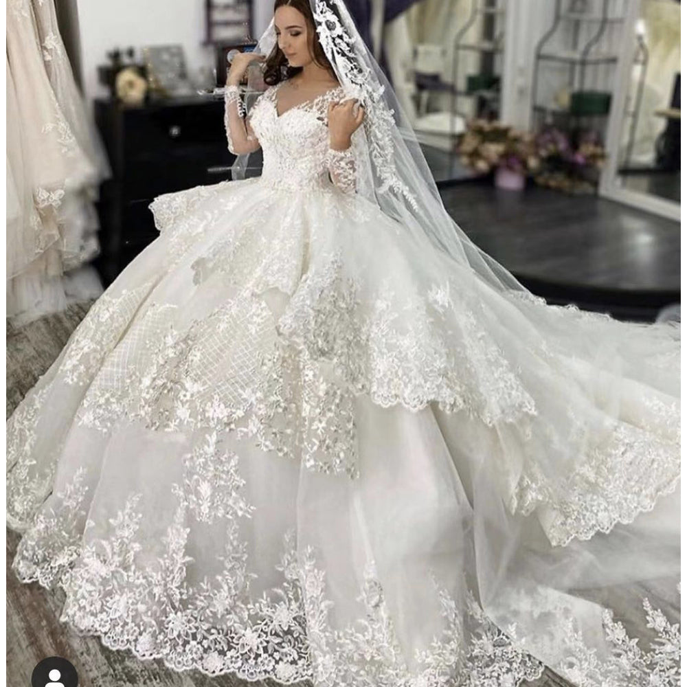 lace wedding dresses 2020 v neck long sleeve lace long sleeve ball gown puffy bridal dresses vestidos de noiva