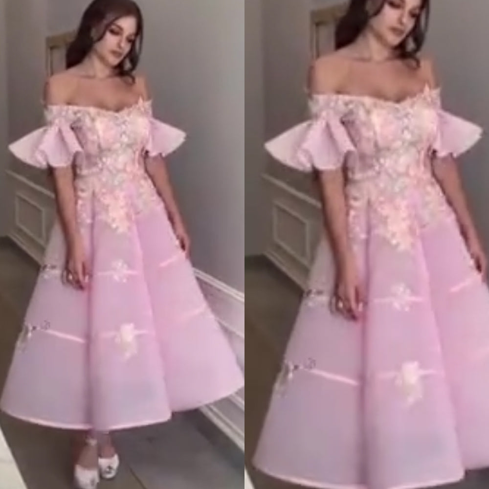 pink prom dresses off the shoulder lace appliques short sleeve evening dresses arabic party dresses vestidos de festa longo