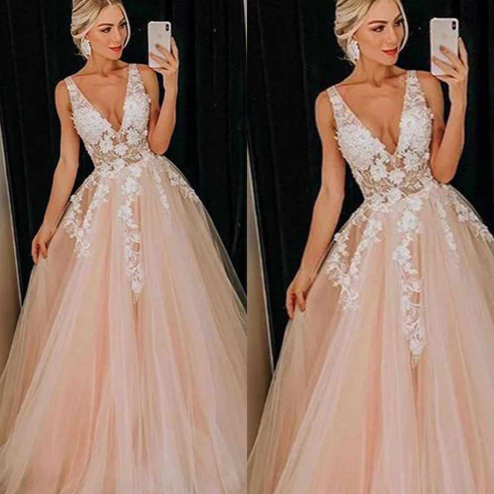 champagne prom dresses 2020 deep v neck lace appliques flowers tulle floor length ball gown evening dresses arabic party dresses
