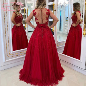 red prom dresses backless sheer lace beading pearls covered button a line tulle red evening dresses gowns