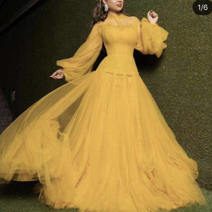 yellow prom dresses 2021 high neck long sleeve tulle a line floor length long evening dresses gowns