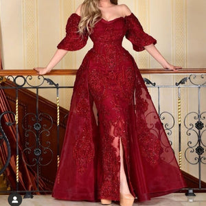 red prom dresses 2020 half sleeve lace appliques front slit sheath detachable train skirt evening dresses gowns arabic