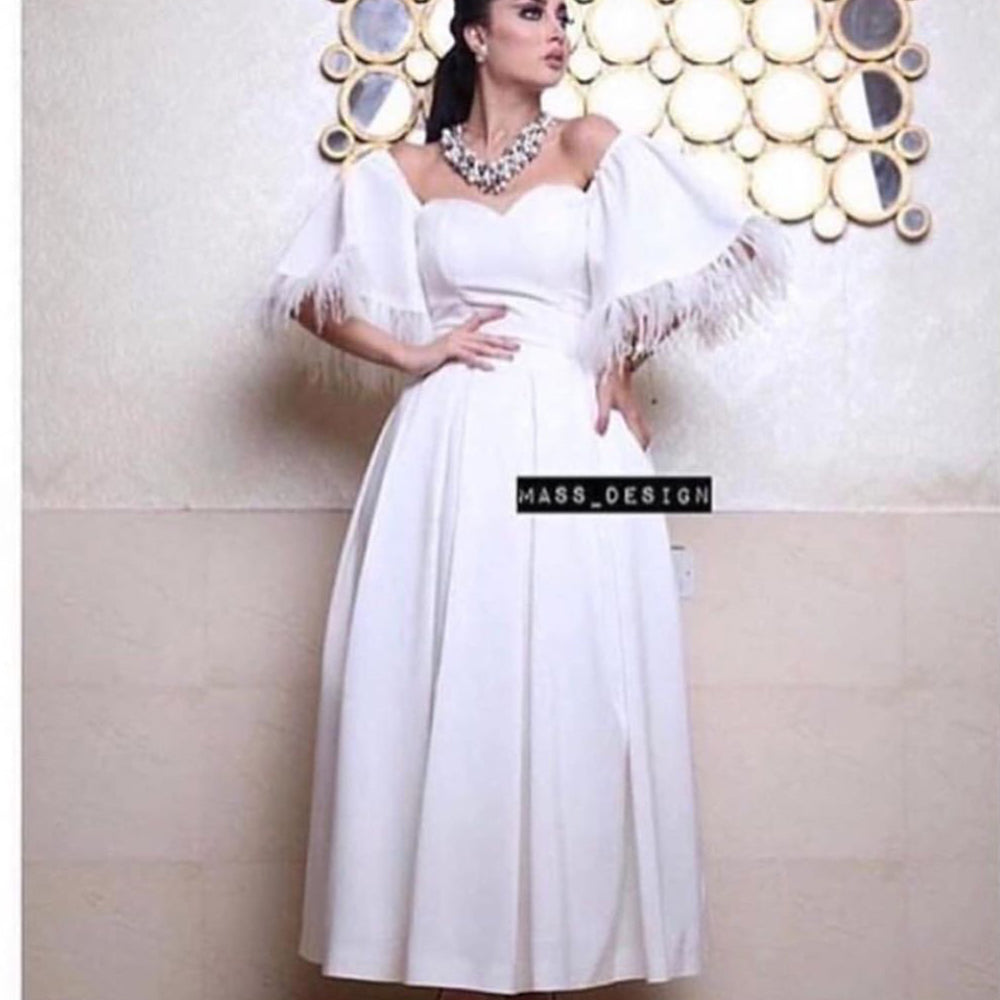white prom dresses 2020 short sleeve feather a line satin floor length evening dresses arabic formal dresses