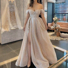 Load image into Gallery viewer, gold prom dresses 2021 sweetheart neckline side slit a line shinning long evening dresses gowns