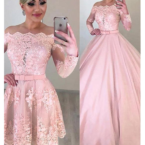 detachable prom dresses 2020 off the shoulder long sleeve pink vintage evening dresses pink formal dress