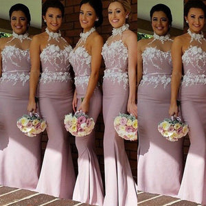 lace bridesmaid dresses 2020 high neck hand made flowers mermaid evening dresses pink formal dresses flowers