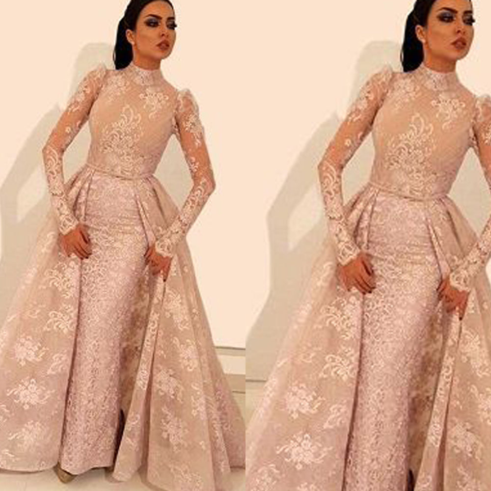 detachable prom dresses lace long sleeve high neck lace evening dresses pink party dresses formal dresses arabic