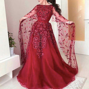 red prom dresses 2020 long sleeve lace appliques beading sequins pearls a line long evening dresses